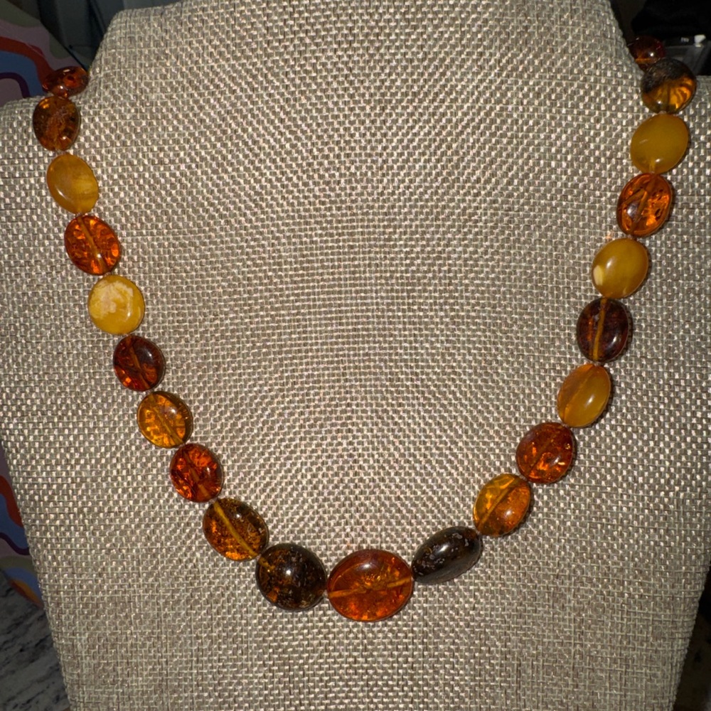 Vintage Amber Look Oval Bead Necklace 18” Resin Boho Statement